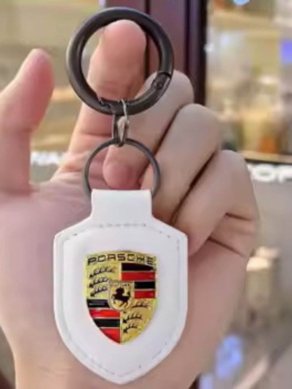 Porsche White Leather Keychain Crest Emblem White Leather Pendant WT - Picture 2 of 4